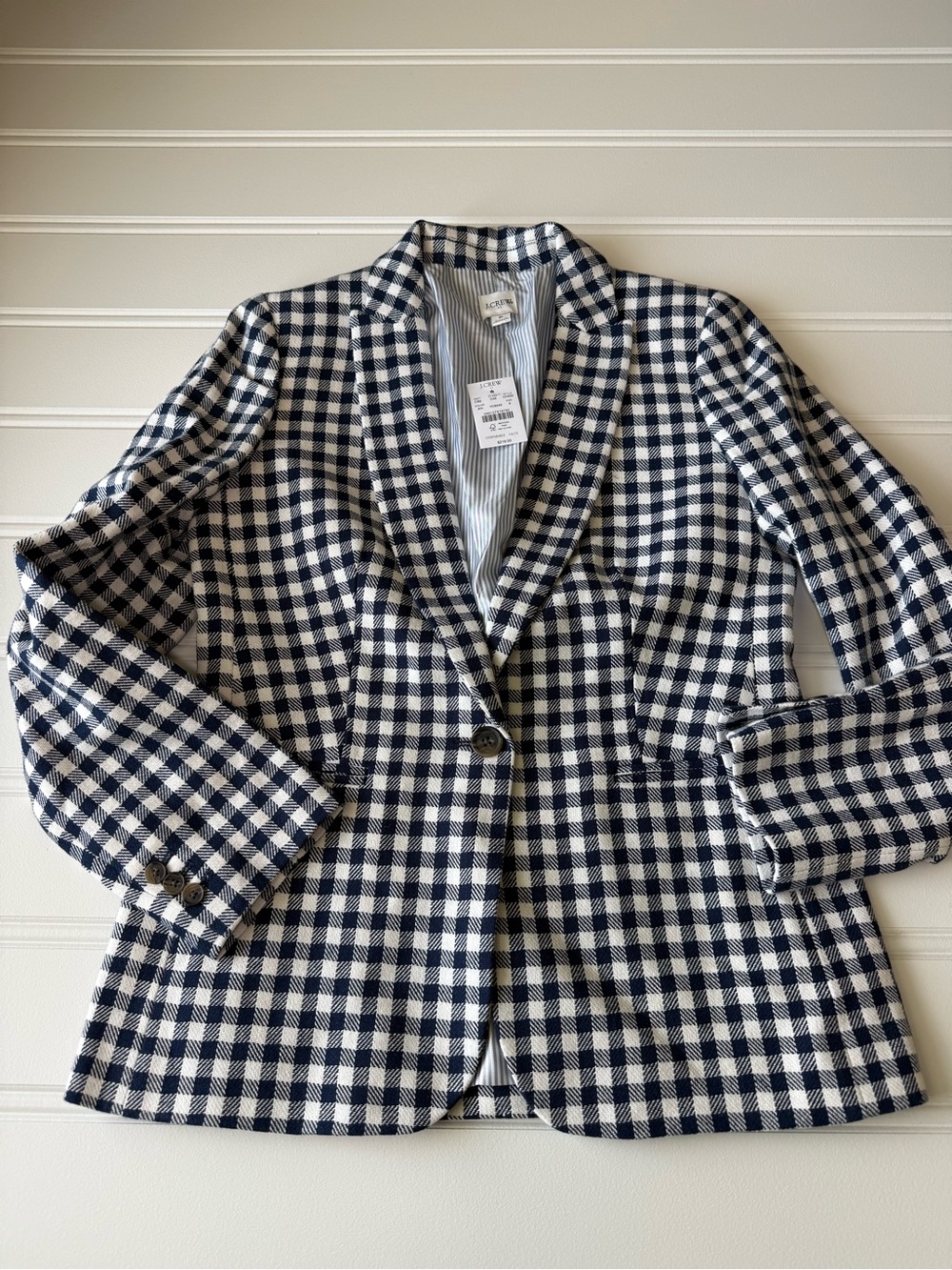 J.CREW Gingham Linen Blend Holland Blazer Navy Jacket Suit Women 6 NEW 1969 - Picture 2 of 4
